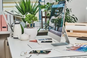 Moderner Arbeitsplatz mit Computer, Schreibtischlampe und mehreren Pflanzen fürs Büro, die eine grüne und angenehme Arbeitsatmosphäre schaffen.